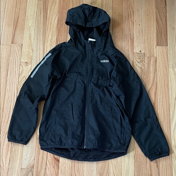 Adidas Track Jacket Boys Medium Black Gray Spell Out Logo Windbreaker Soccer - Picture 1 of 8